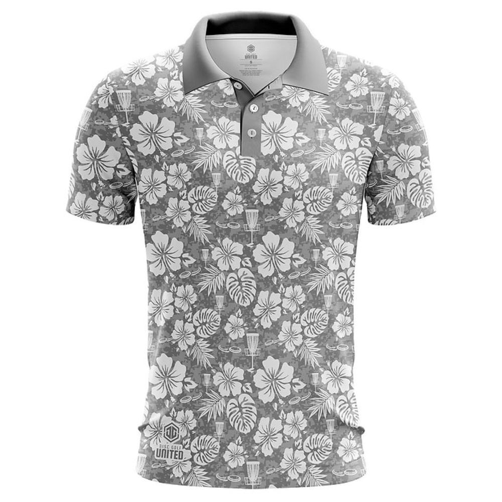 Disc Golf Unlimited Luau Mens Hawaiian Polo Grey